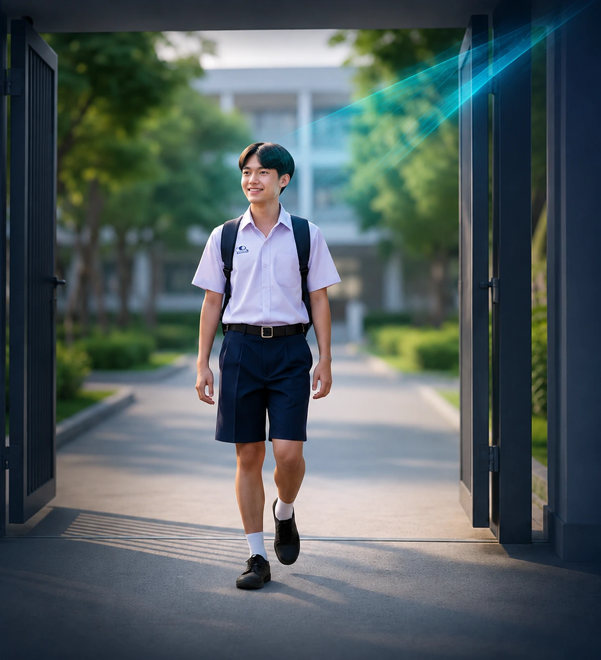 นักเรียนเดินผ่านประตูโรงเรียนพร้อมระบบสแกนใบหน้า BMG Smart School